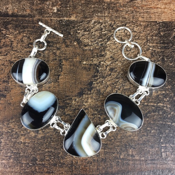 Banded Black Botswana Agate Stone Toggle Bracelet - Picture 3 of 8